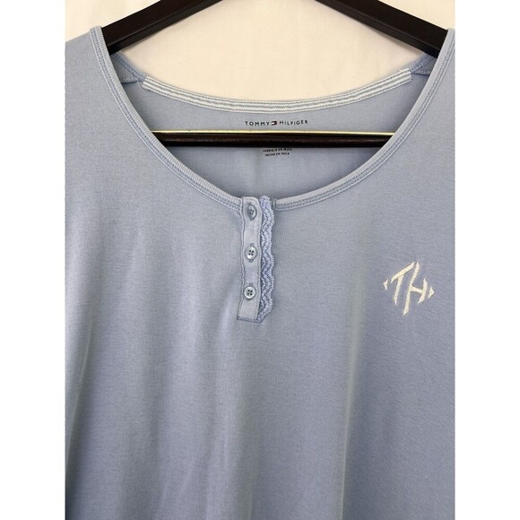 Y2K Tommy Hilfiger Light Blue Henley Shirt Women’s Size Small Lace Trim Logo Tee - Picture 2 of 6